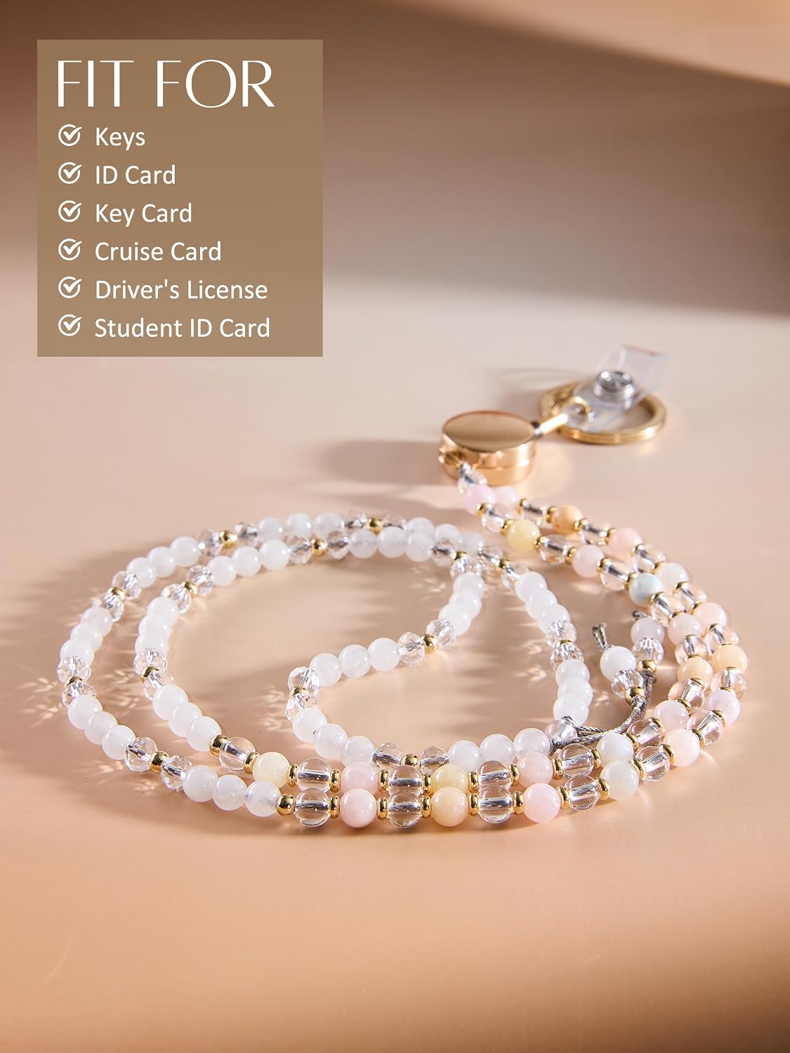 Natural Stone Beaded Lanyards for ID Badges and Keys, Morganite