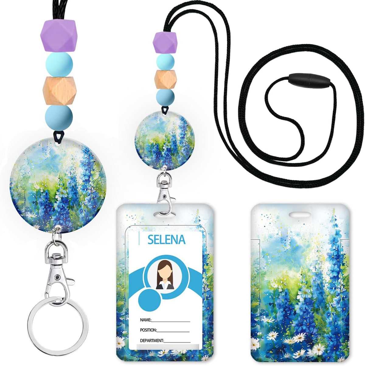 Teacher Lanyard for ID Badge,Breakaway Handmade Blue Daisy Flower