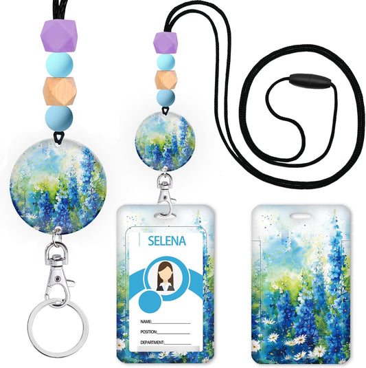 Teacher Lanyard for ID Badge,Breakaway Handmade Blue Daisy Flower