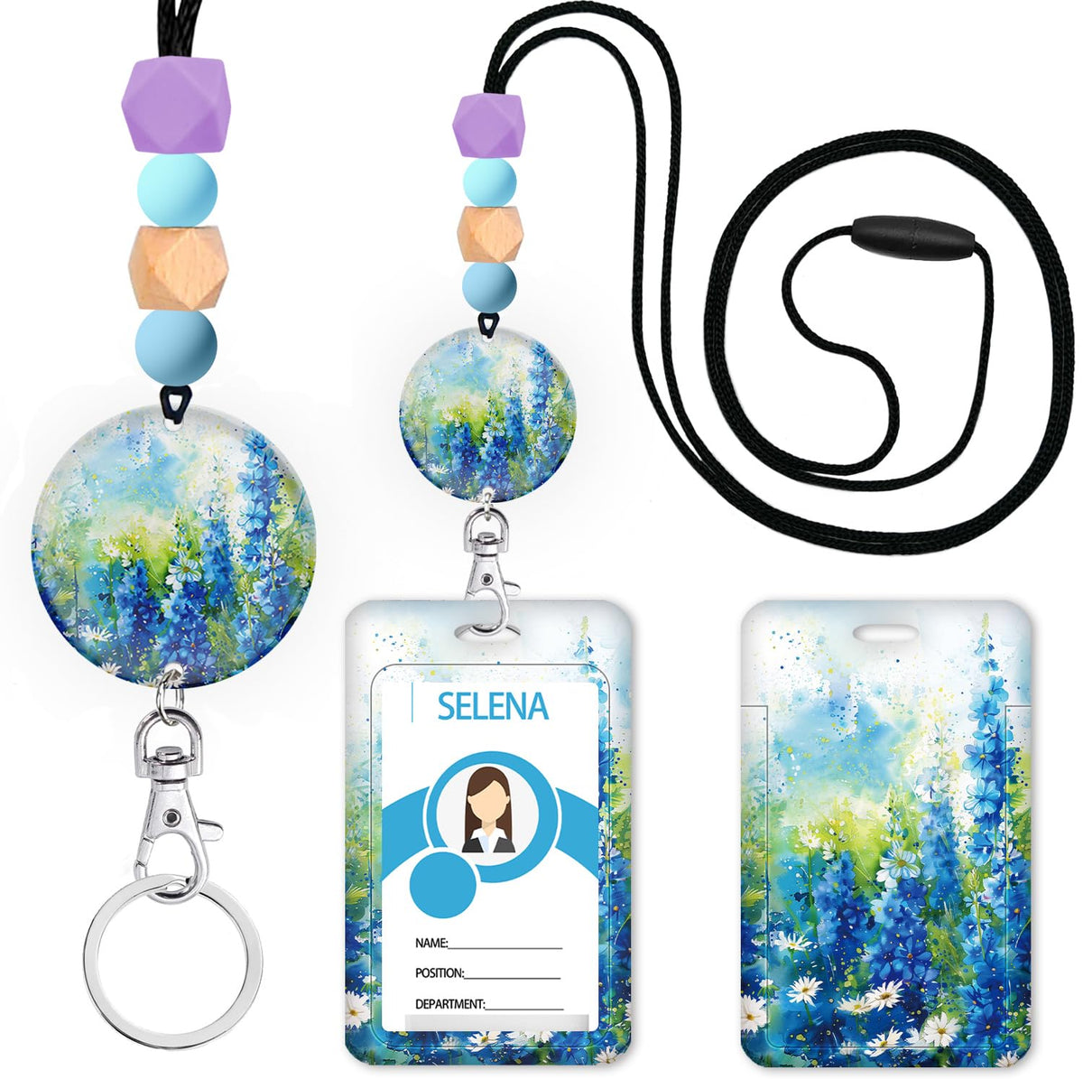 Teacher Lanyard for ID Badge,Breakaway Handmade Blue Daisy Flower
