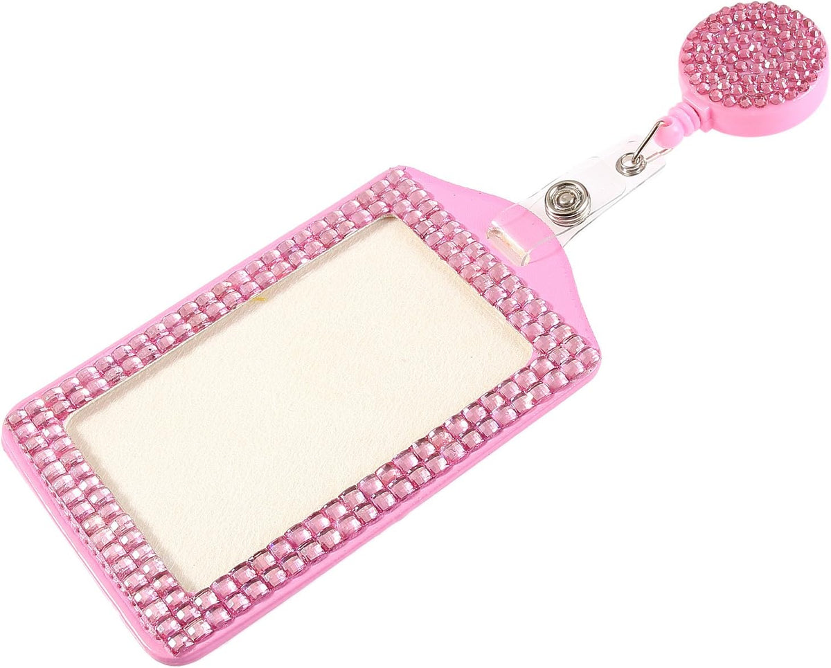 Fashion Retractable Pink Crystal Neck Lanyard,Premium Bling ID Name Badge Holder,Portable Rhinestone Work Badge Reel Clip for Nurse,Teacher,Doctor,Women(Vertical Card Holder,Baby Pink)
