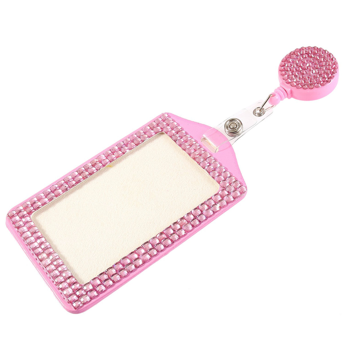 Fashion Retractable Pink Crystal Neck Lanyard,Premium Bling ID Name Badge Holder,Portable Rhinestone Work Badge Reel Clip for Nurse,Teacher,Doctor,Women(Vertical Card Holder,Baby Pink)
