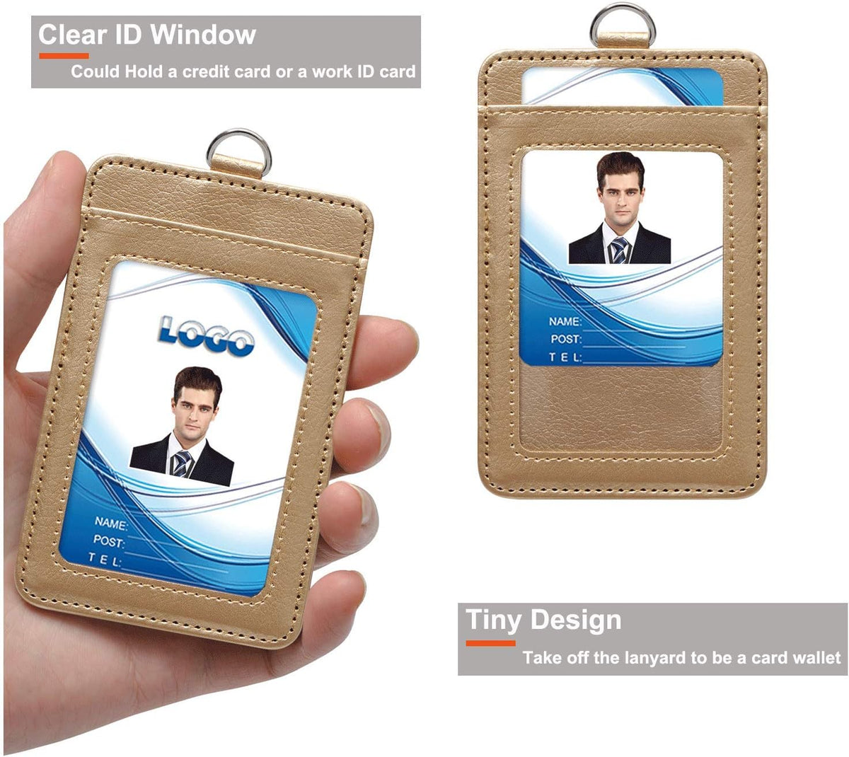 PU Leather ID Badge Holder, Life-Mate ID Badge Holder with 1 Clear ID Window 1 Credit Card Slot and PU Leather Lanyard for Badge Credit Cards College ID Cards in Champagne Gold