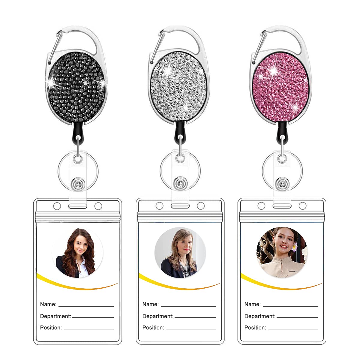 Rhinestone Retractable Badge Holder Reels with Belt Clip & Key Ring 4-Pack