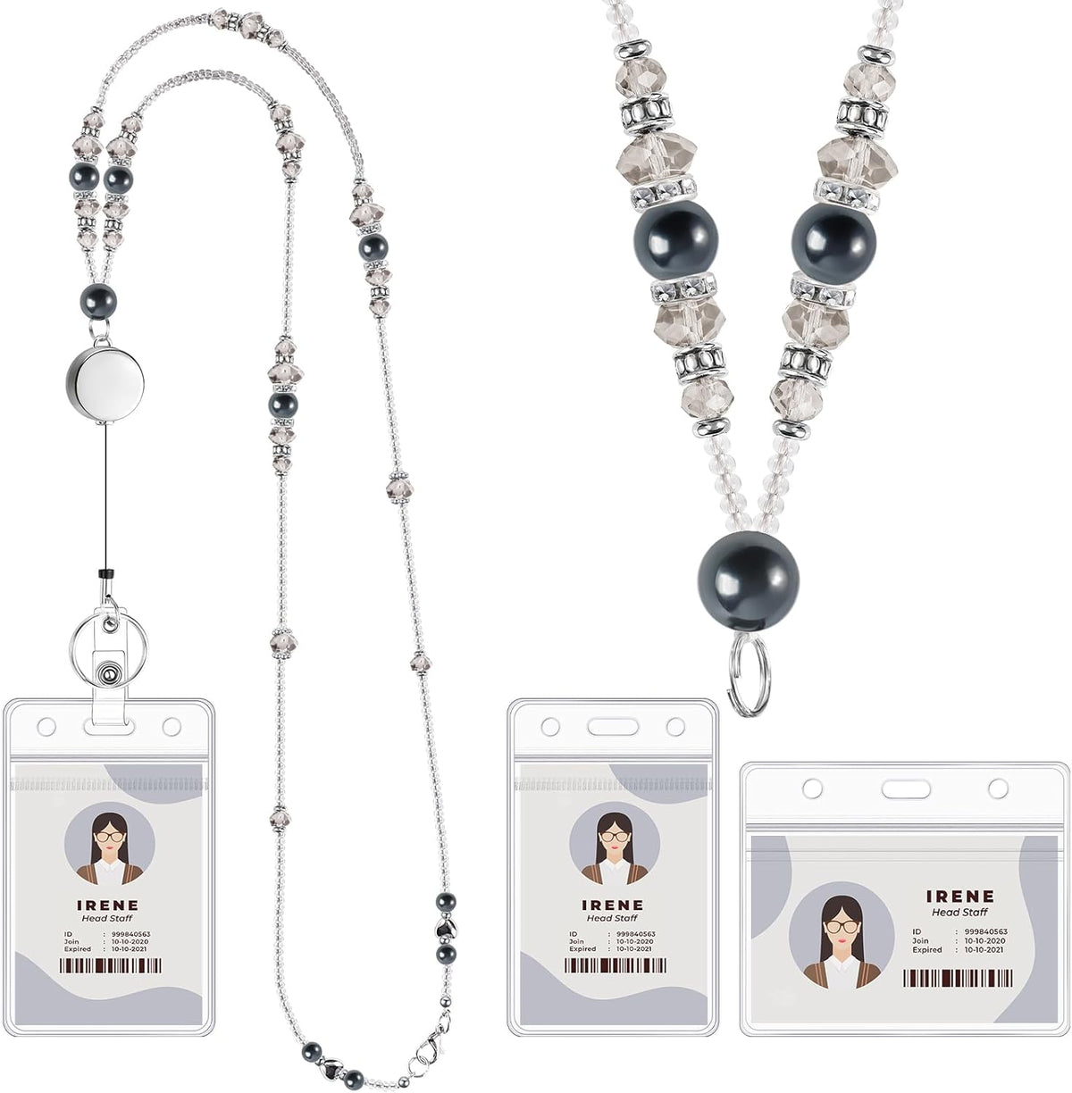 Beaded Teacher Lanyard with Retractable Badge Reel, Black