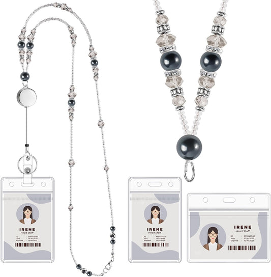 Beaded Teacher Lanyard with Retractable Badge Reel, Black