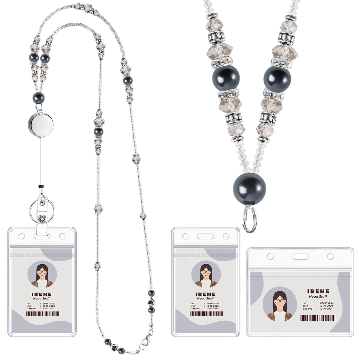 Beaded Teacher Lanyard with Retractable Badge Reel, Black