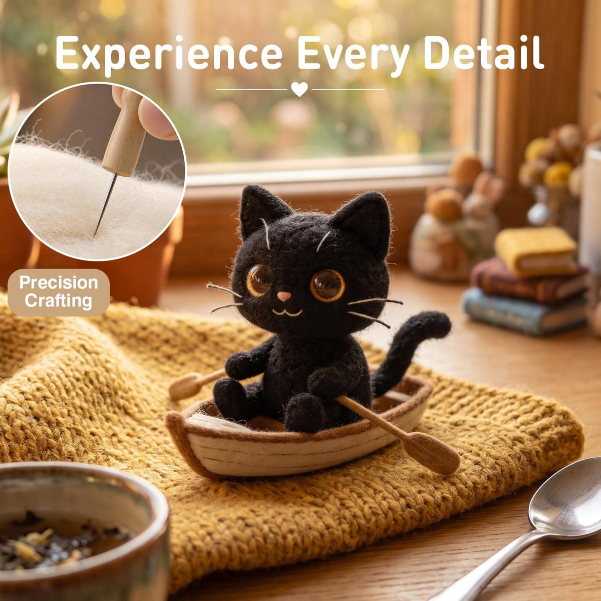 DIY Needle Felting Kit Black Cat in Rowing Boat – Needle Felting Starter Kit with Fiber Roving, Needles, Felting Pad & Instructions | Felted Cat Kit for Beginners Adults | Unique DIY Craft Gift