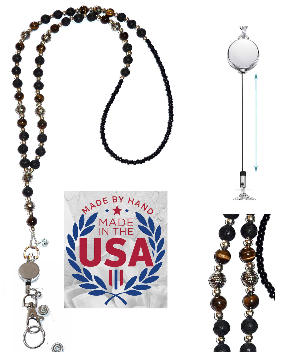 Hidden Hollow Beads Retractable Badge Reel, Women's Beaded Lanyard Strong ID Card Holder, Keys Teacher Nurse Cruise Keychain