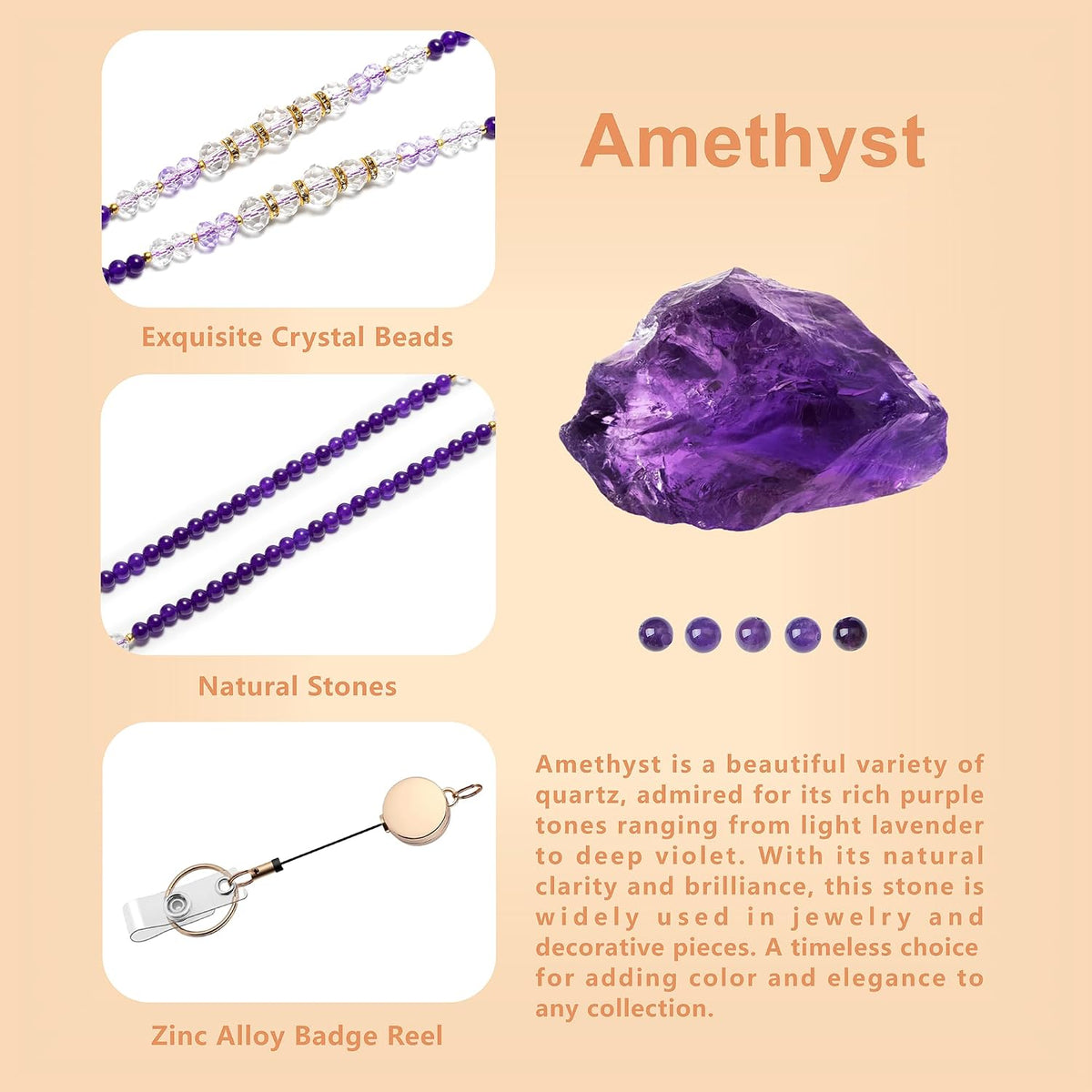 Retractable Lanyard for ID Badges and Keys Natural Stone Crystal Name Badge Necklace for Teachers