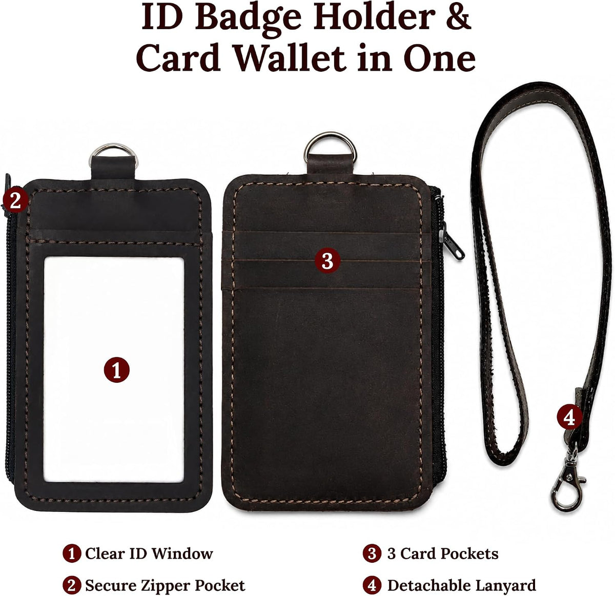 Genuine Leather Badge Holder with Detachable Lanyard – ID Card Holder with Zipper Pocket, Handmade Leather Name Tag Holder for Work, Office, Events & Travel, Brown