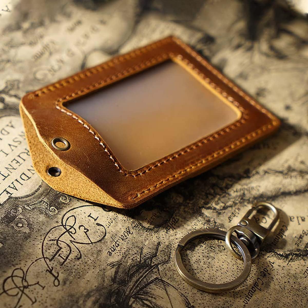 Badge Holder, Handmade Leather ID Card Badge Holder with Carabiner Clip