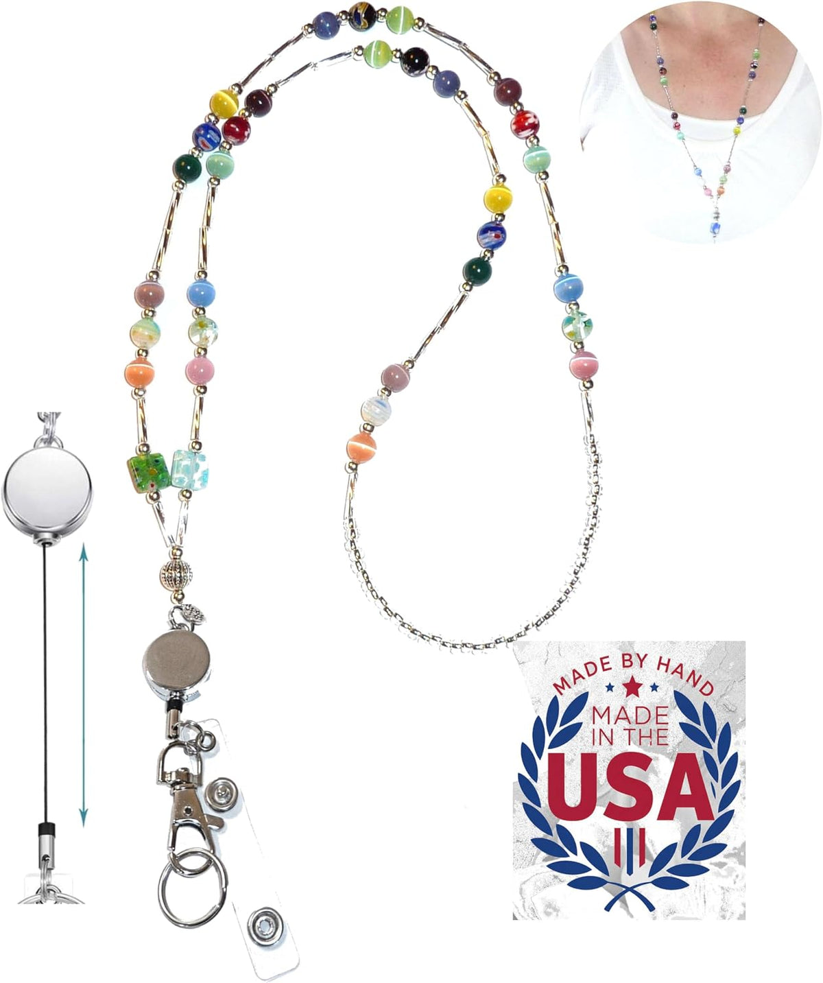 Hidden Hollow Beads Retractable Badge Reel, Women's Beaded Lanyard Strong ID Card Holder, Keys Teacher Nurse Cruise Keychain