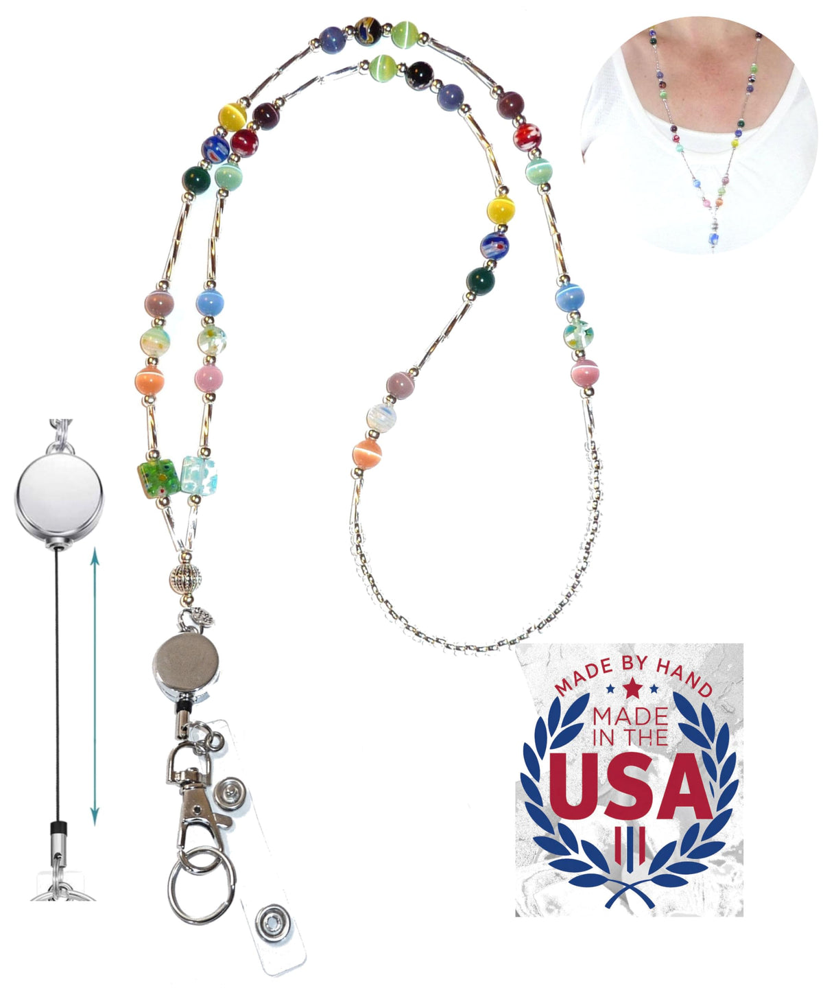 Hidden Hollow Beads Retractable Badge Reel, Women's Beaded Lanyard Strong ID Card Holder, Keys Teacher Nurse Cruise Keychain