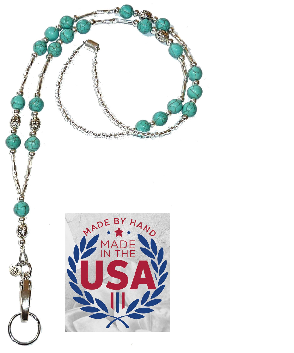 Hidden Hollow Beads Turquoise Women's Hand Beaded Fashion Lanyard 34 Inches, USA, Teacher ID Badge Holder Keys Cruise (Turquoise & Howlite Breakaway Clasp)
