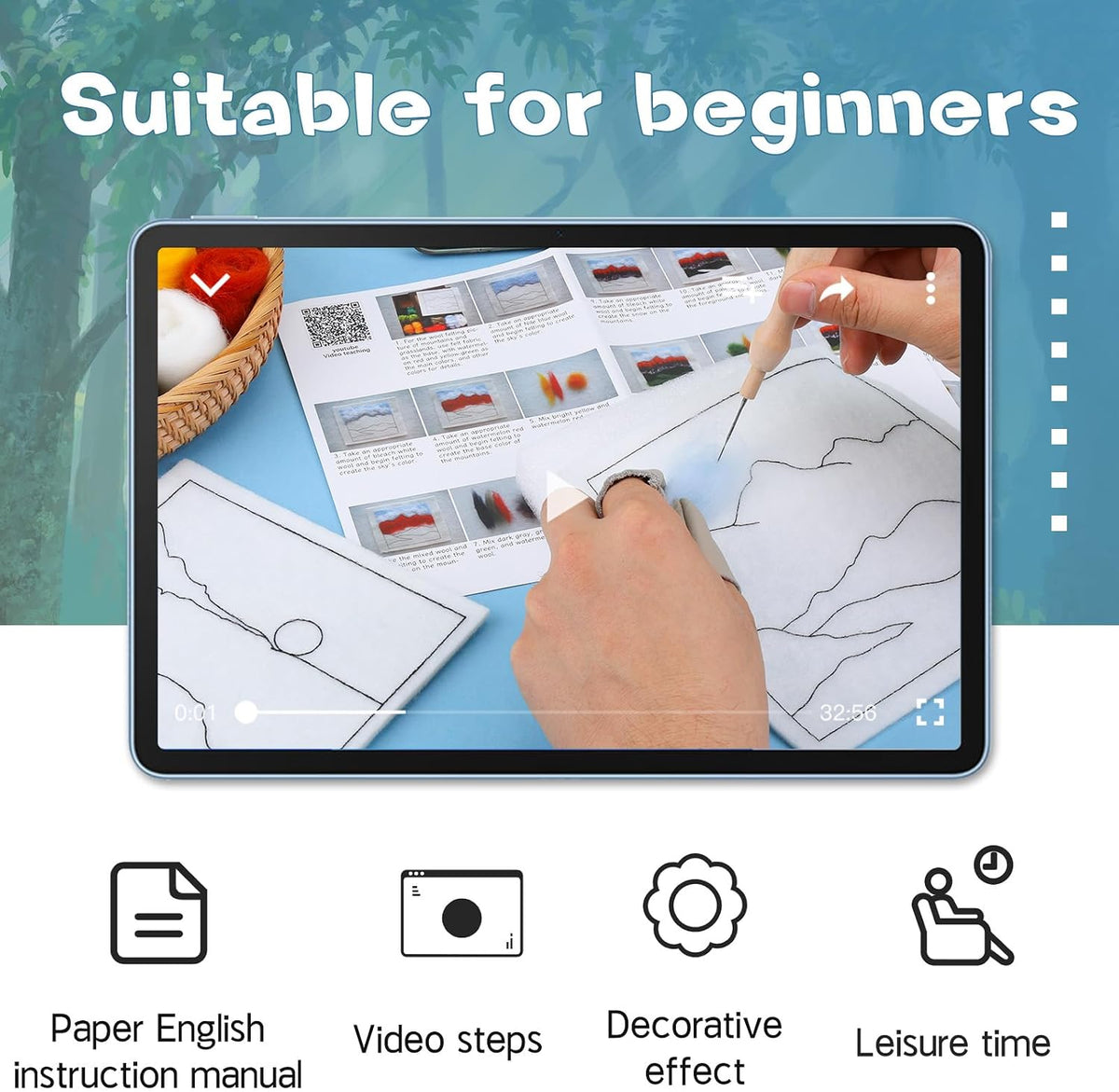 QMNNMA Needle Felting Kits for Beginners, Needle Felt Painting Kit, Wool Felting Kit with Picture Frame, Foam Pad, Felt Cloth, and Instructions, Used for Home Decoration, Art Craft