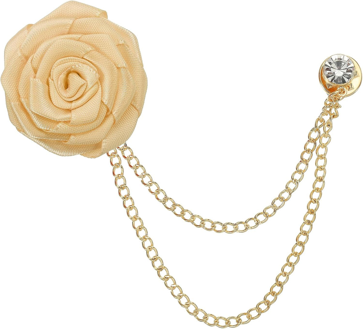 MECCANIXITY Wedding Brooches Bridegroom Rose Flower Brooch Pin for Men Cloth Art Handmade Badge Tassel Chain Men's Suit Accessories, Champagne