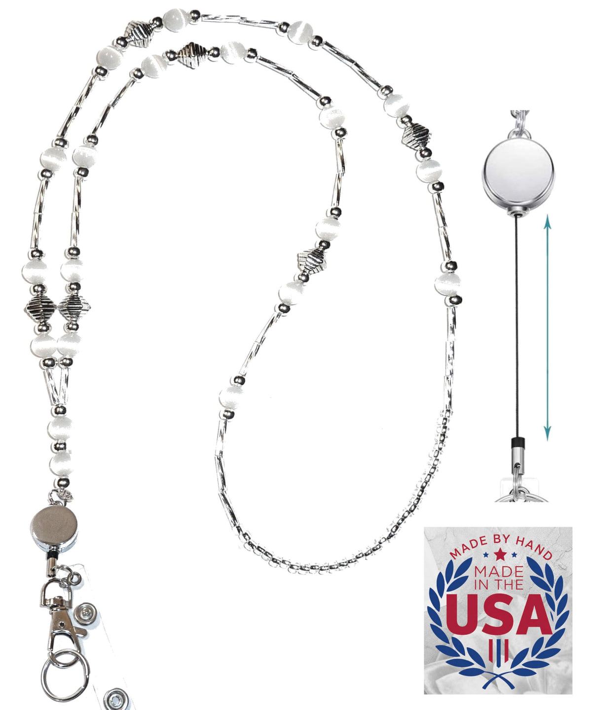 Hidden Hollow Beads Retractable Badge Reel, Women's Beaded Lanyard Strong ID Card Holder, Keys Teacher Nurse Cruise Keychain