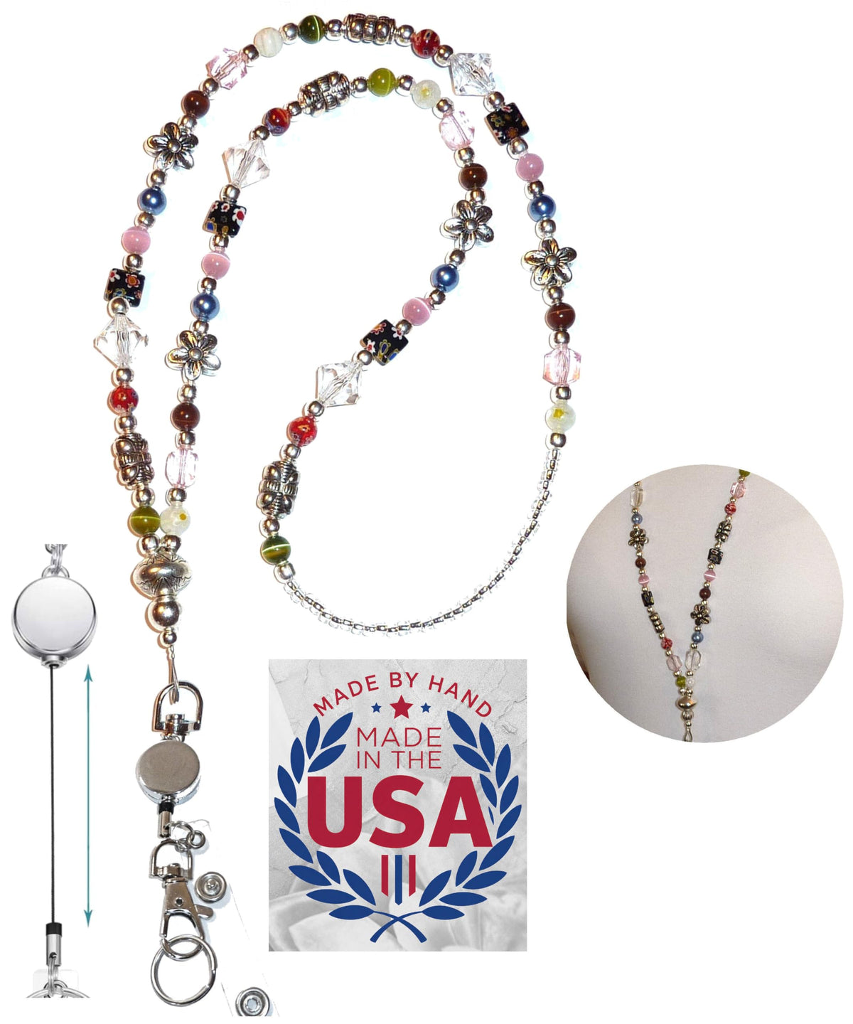Hidden Hollow Beads Retractable Badge Reel, Women's Beaded Lanyard Strong ID Card Holder, Keys Teacher Nurse Cruise Keychain