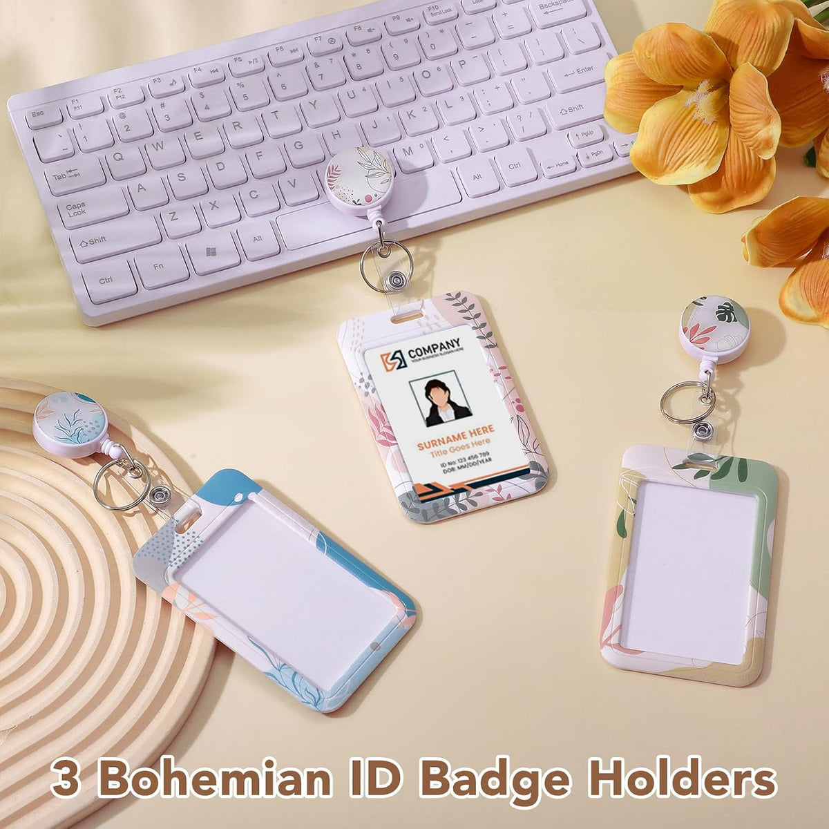 3 Pack Boho Id Badge Holder with Retractable Reel, Vertical ID Card Holder