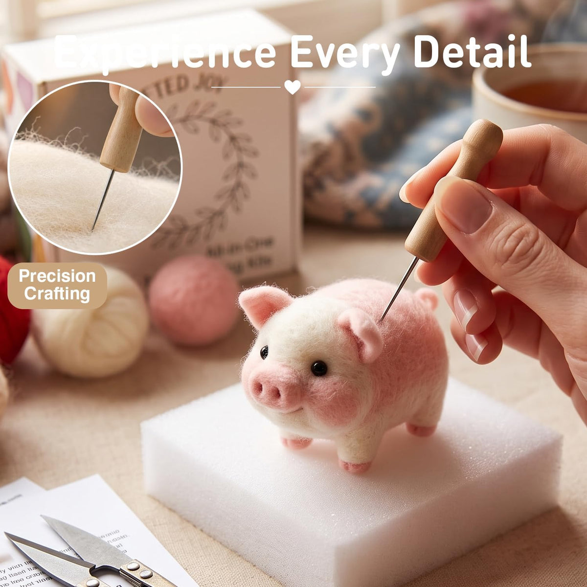 DIY Needle Felting Kit Cute Pink Pig – Needle Felting Starter Kit with Fiber Roving, Needles, Felting Pad & Instructions | Felted Farm Animal Kit for Beginners Adults | DIY Craft Gift Home Decoration
