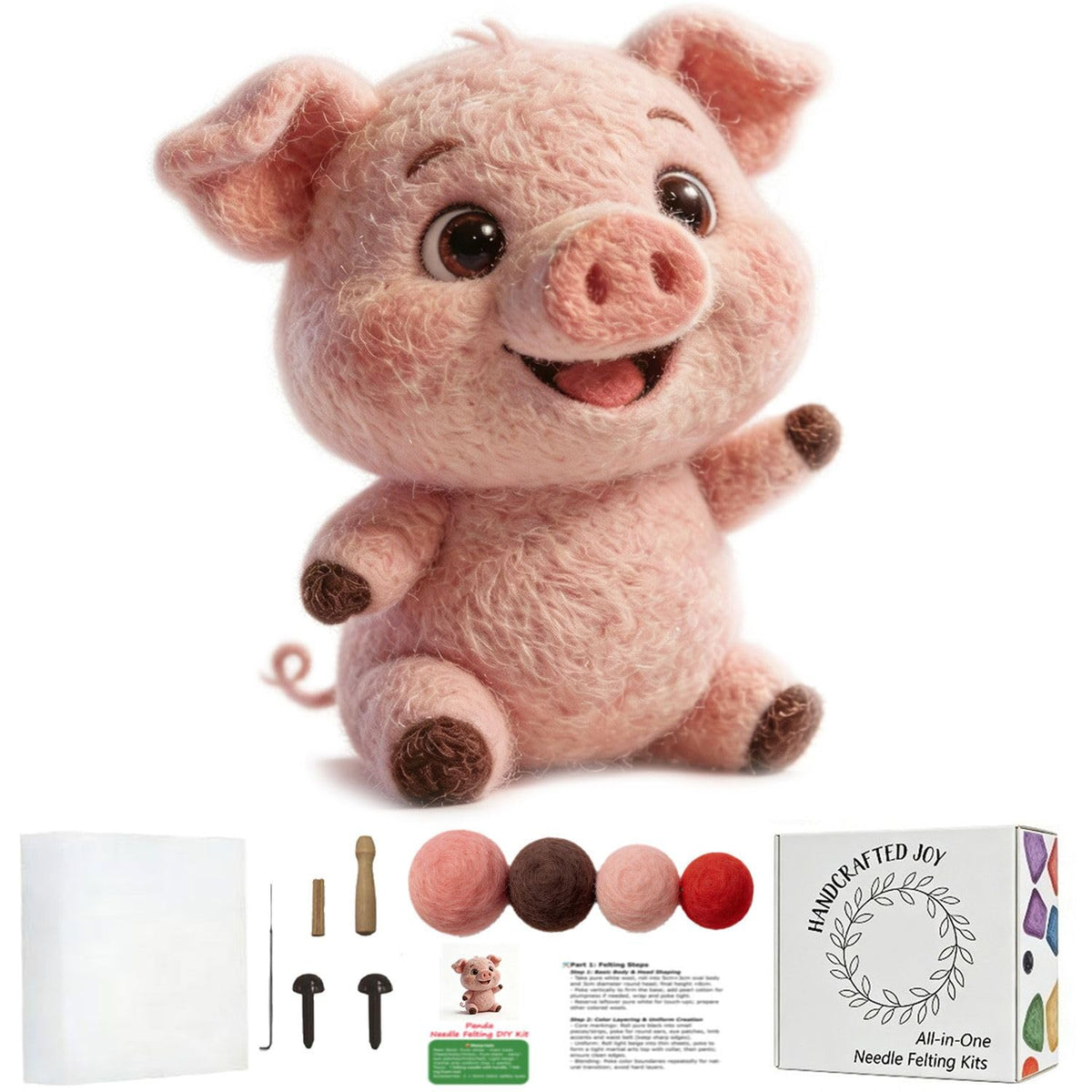 DIY Needle Felting Kit Cute Pink Pig – Needle Felting Starter Kit with Fiber Roving, Needles, Felting Pad & Instructions | Felted Farm Animal Kit for Beginners Adults | DIY Craft Gift Home Decoration