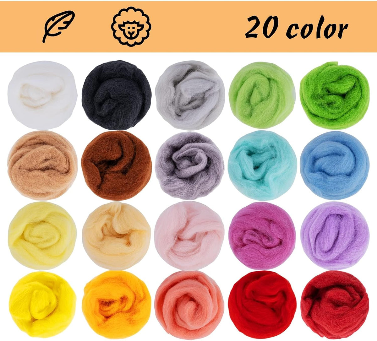 20 Colors Wool Roving 10g per, 7.05oz Total Needle FeltingWool DIY Craft