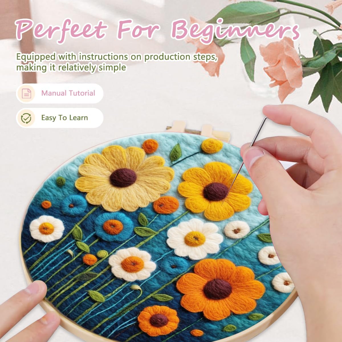 yesJRL Needle Felting Kits Beginners, Natural Landscape DIY Wool Needle Felting Starter Kit, Floral Needle Felt Set with Foam Pad, Felt Cloth and Instructions, Used for Home Decoration (Green)