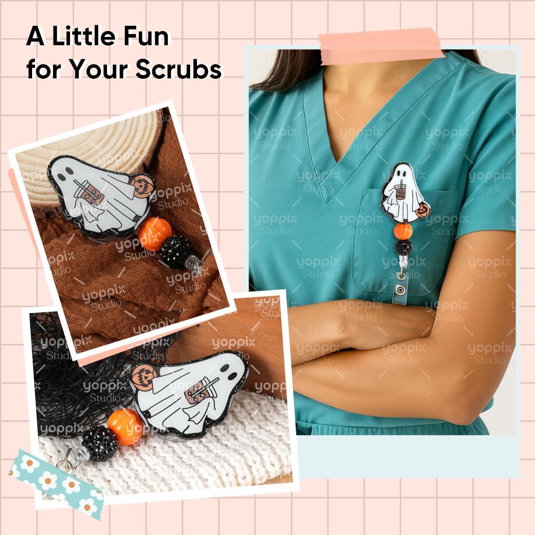 YOPPIX Halloween Badge Reel, Pumpkin Ghost Sparkly Glitter Retractable Badge Reel for Nurses RN EN Doctor Paramedic Teachers Medical Office Womens