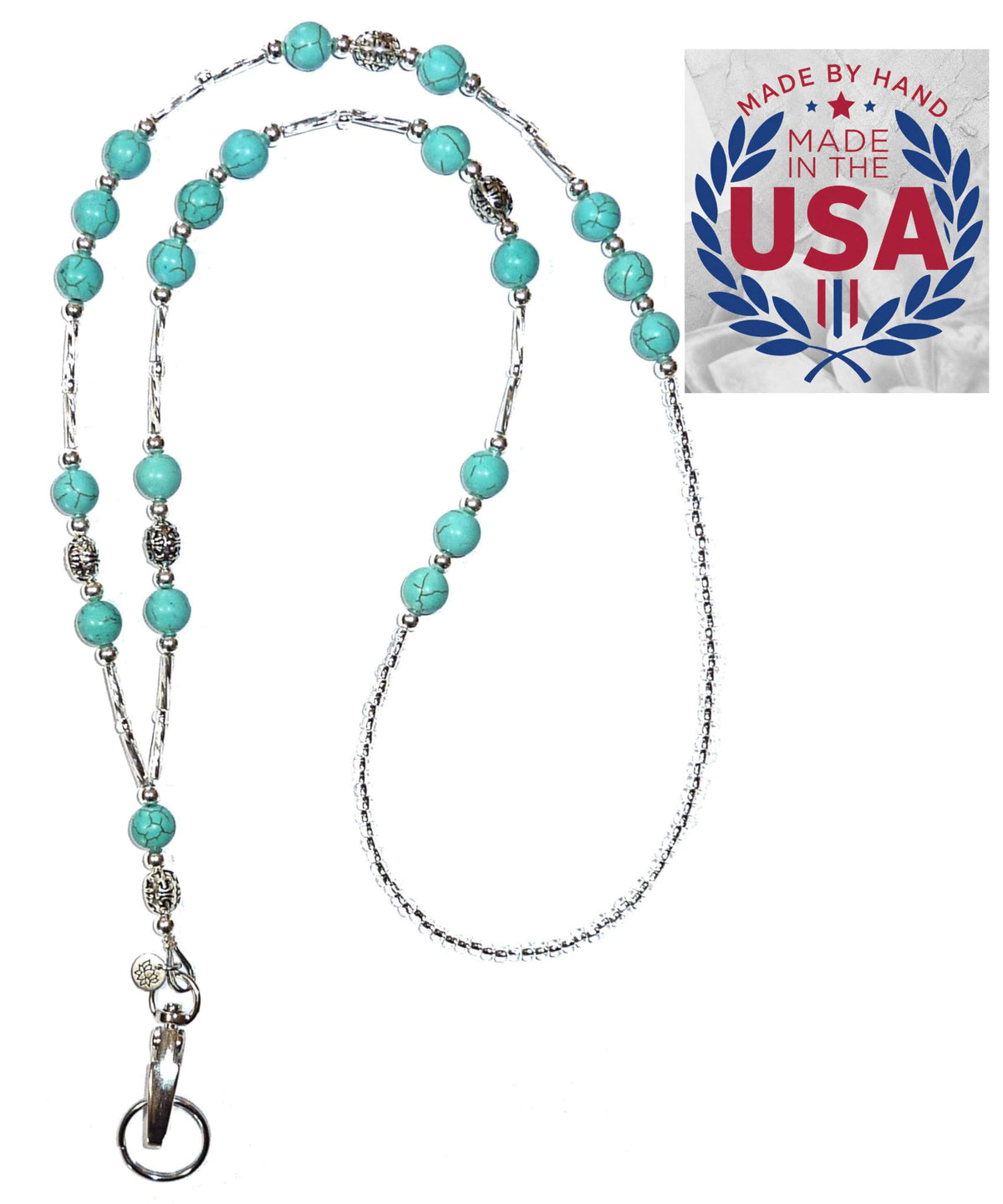 Hidden Hollow Beads Turquoise Women's Hand Beaded Fashion Lanyard 34 Inches, USA, Teacher ID Badge Holder Keys Cruise (Turquoise & Howlite Breakaway Clasp)