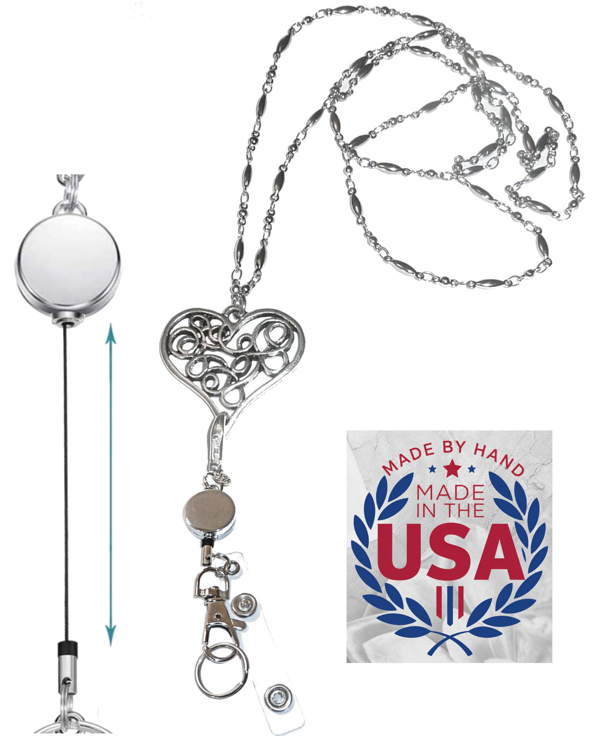 Hidden Hollow Beads Women's Lanyard Strong Stainless Steel Chain Heart Hand Made USA, 34" ID Badge Breakaway Card Holder Keys
