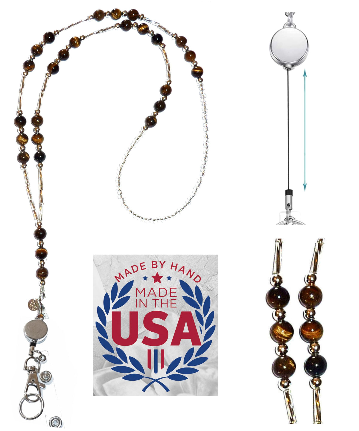 Hidden Hollow Beads Retractable Badge Reel, Women's Beaded Lanyard Strong ID Card Holder, Keys Teacher Nurse Cruise Keychain