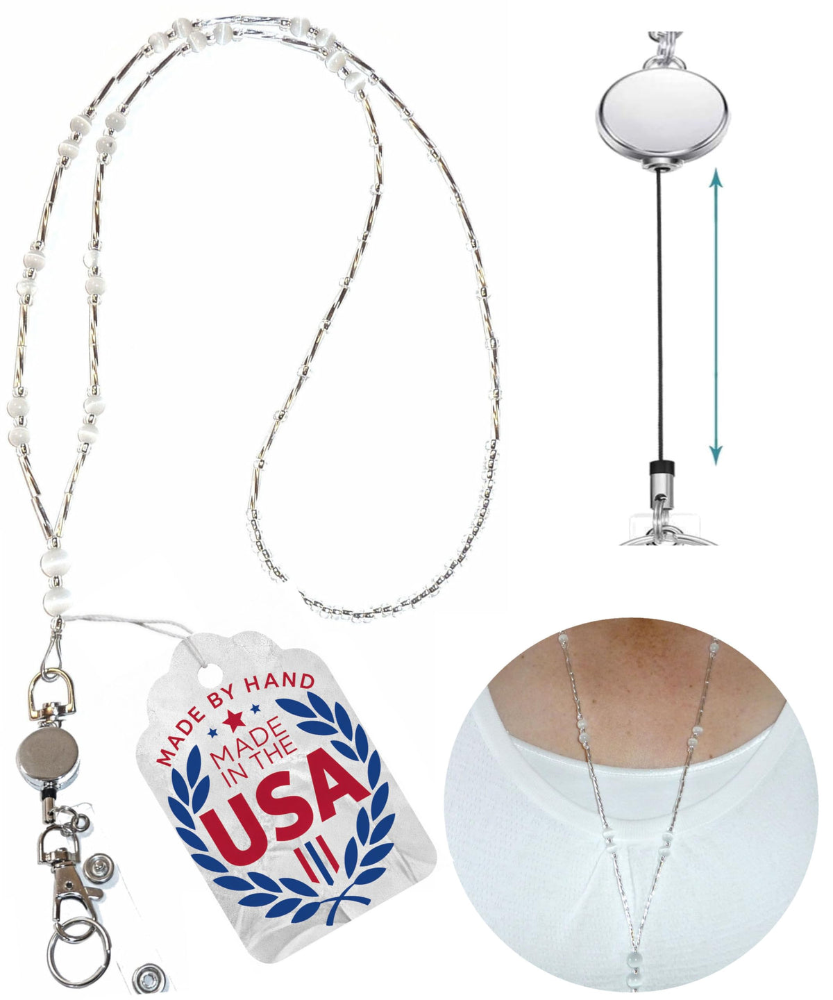 Hidden Hollow Beads Retractable Badge Reel, Women's Beaded Lanyard Strong ID Card Holder, Keys Teacher Nurse Cruise Keychain