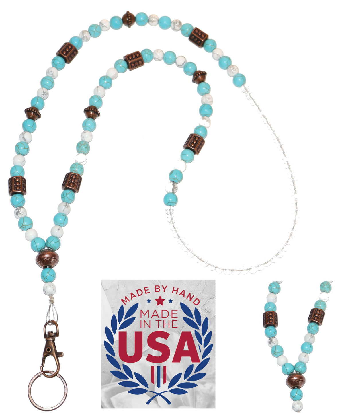 Hidden Hollow Beads Turquoise Women's Hand Beaded Fashion Lanyard 34 Inches, USA, Teacher ID Badge Holder Keys Cruise (Turquoise & Howlite Breakaway Clasp)