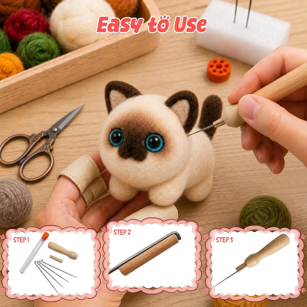 Voduynl Beginner Needle Felting Kit - 4 Cats and Dogs Pairs - Includes Wool, Tools, Step-by-Step Video, Safety Guide & Instruction Cards, Ideal Starter Set for Adults & DIY Beginners