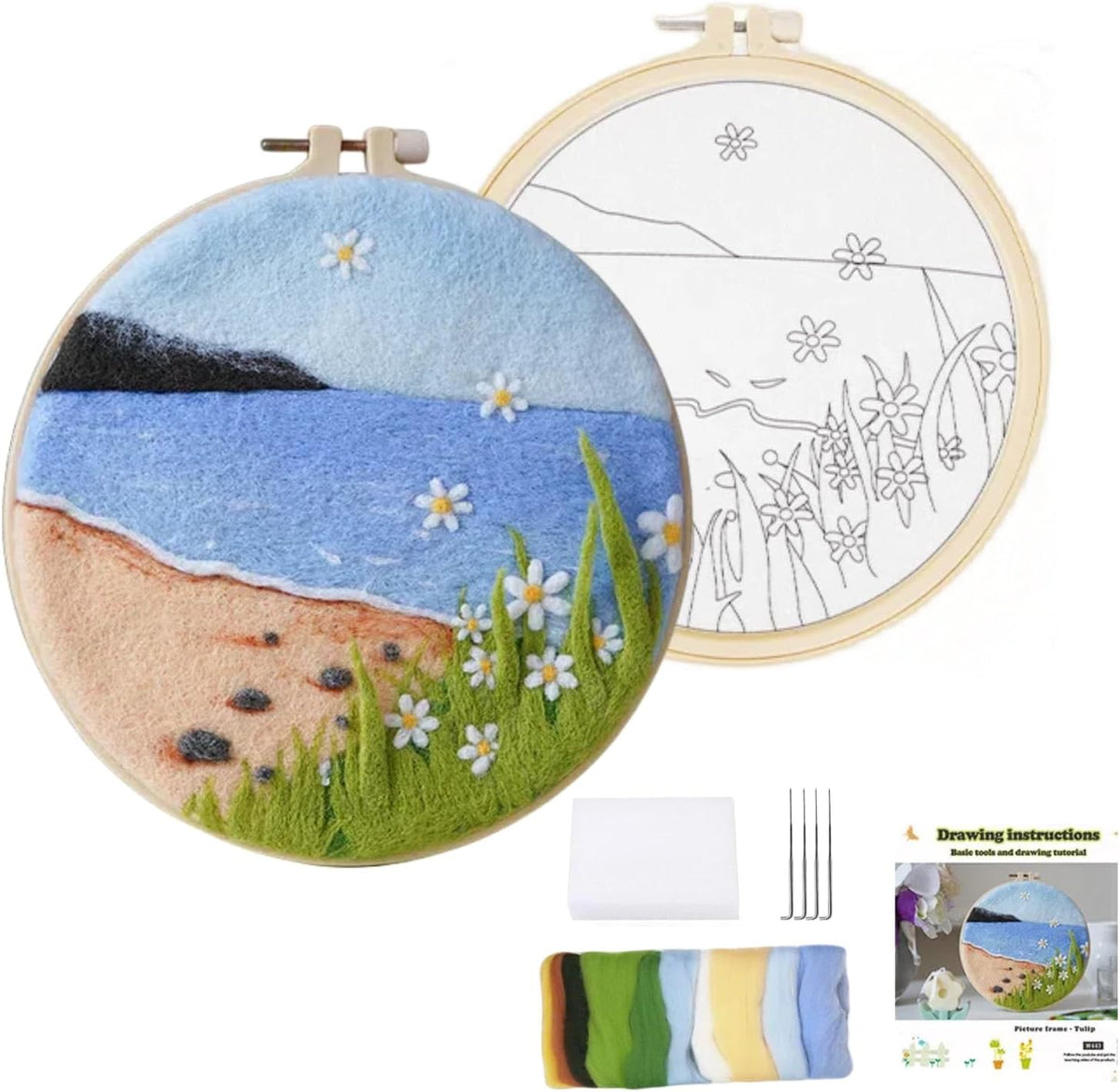 Wonafa DIY Wool Needle Felt Starter Kit, Beginner Needle Felt Kit with Wool Felt Bag, Felts Needles, Photo Frame, Foam Mat, Felts Cloth and Instructions for Home Decor, Art Crafts (K2)
