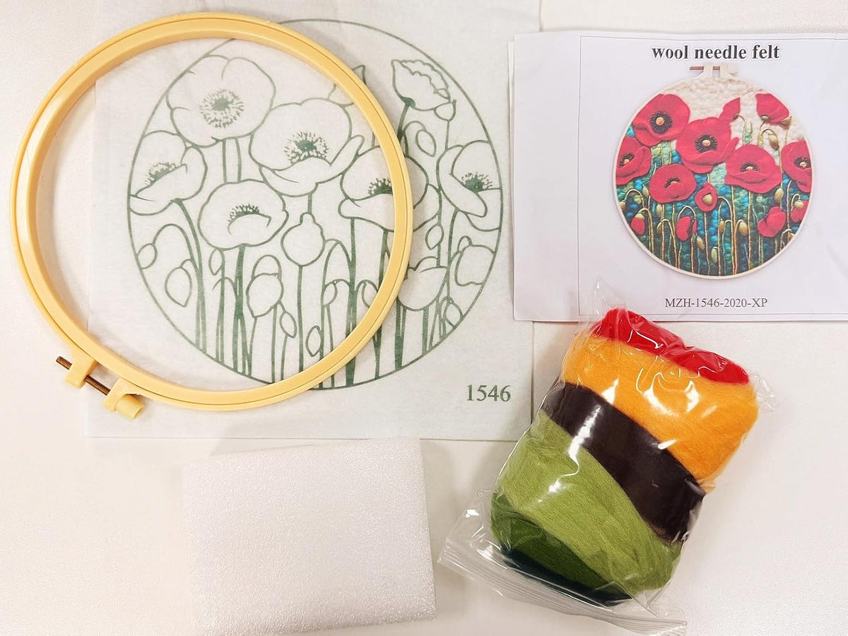 CaptainCrafts Needle Felting Kit for Adults Bright Poppy Flowers Pattern