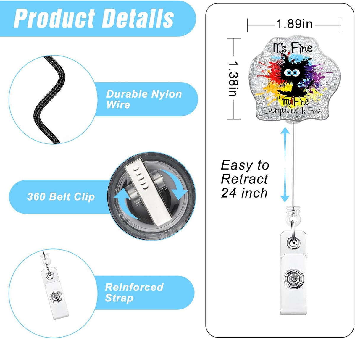 Funny Colorful Cat Nurse Badge Reel, Cute Retractable Work Badge Holder