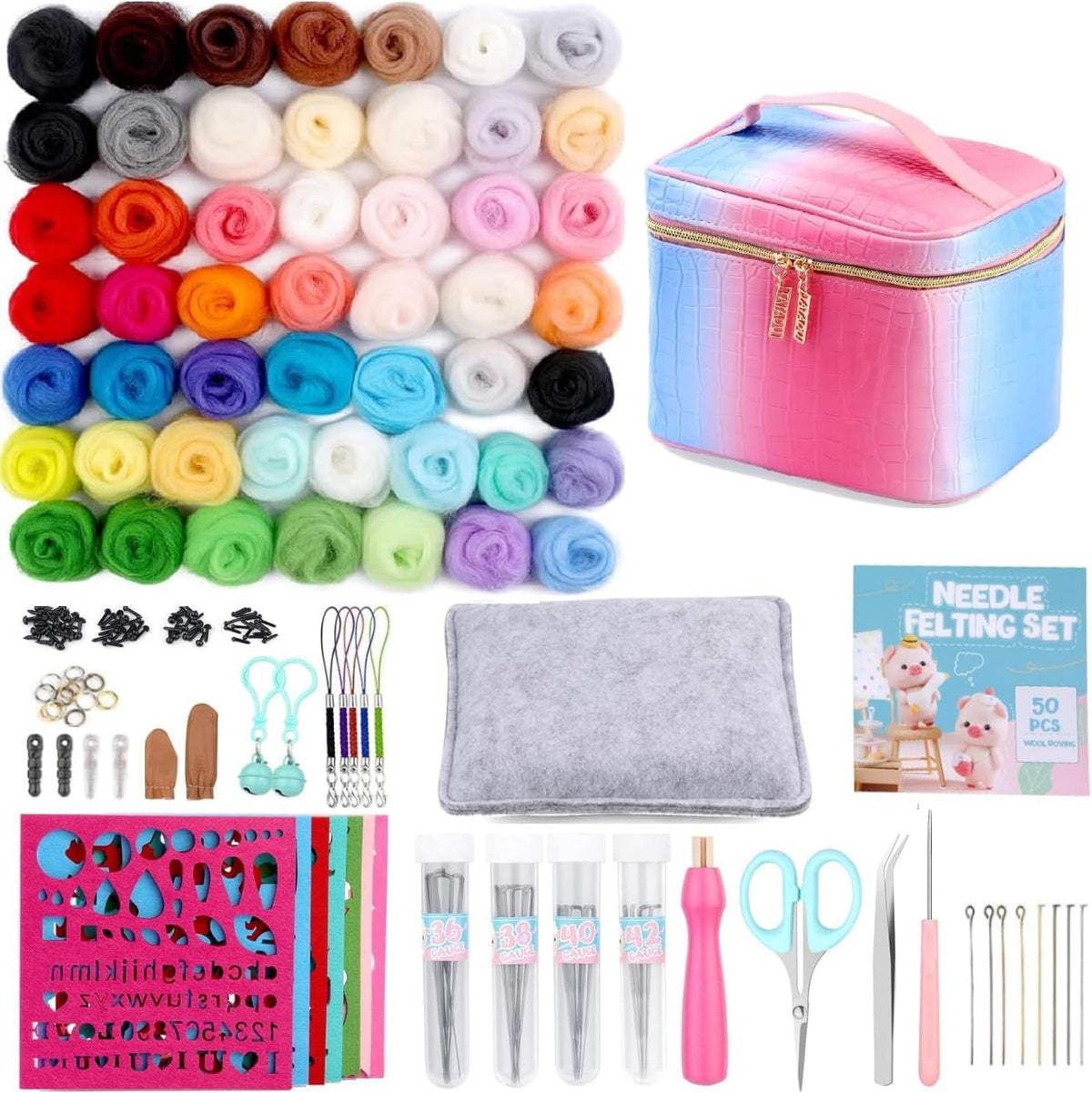 ZXIIXZ 50 Colors Needle Felting Kit, 185 Pcs Felt Kits for Beginners Adult
