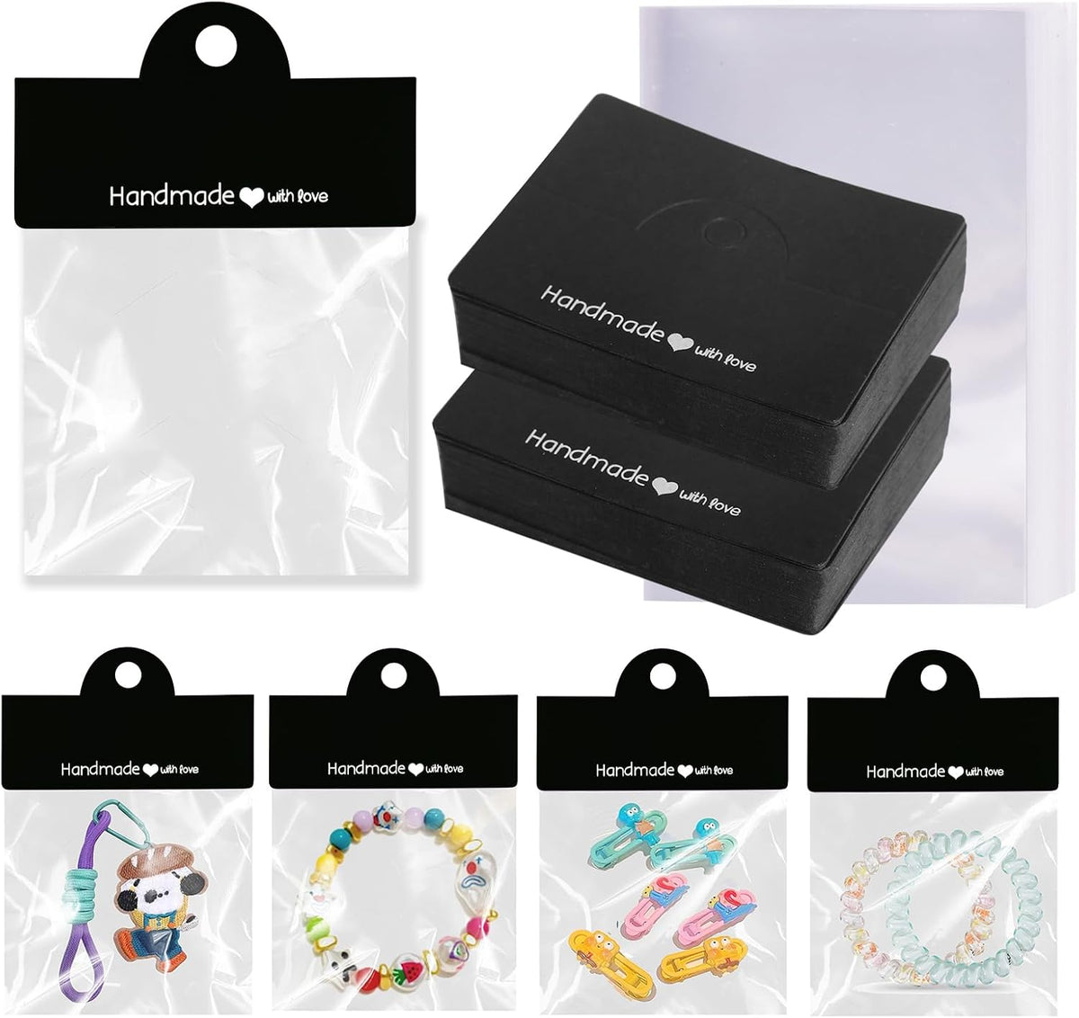 100PCS Bracelet Display Cards with 100PCS Jewelry Bags,Thick Clear Packaging Bags for Small Business,Bracelet,Keychain,Charms,Earrings,Car Coaster (Black)