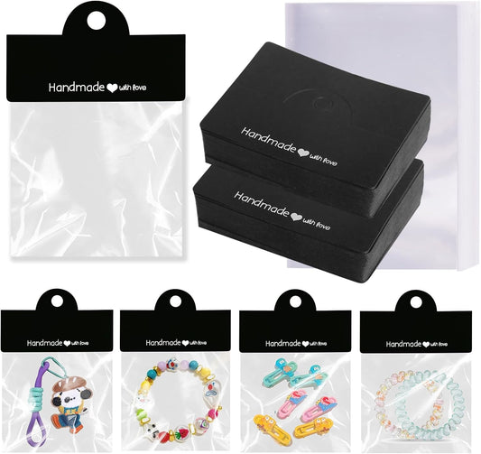 100PCS Bracelet Display Cards with 100PCS Jewelry Bags,Thick Clear Packaging Bags for Small Business,Bracelet,Keychain,Charms,Earrings,Car Coaster (Black)