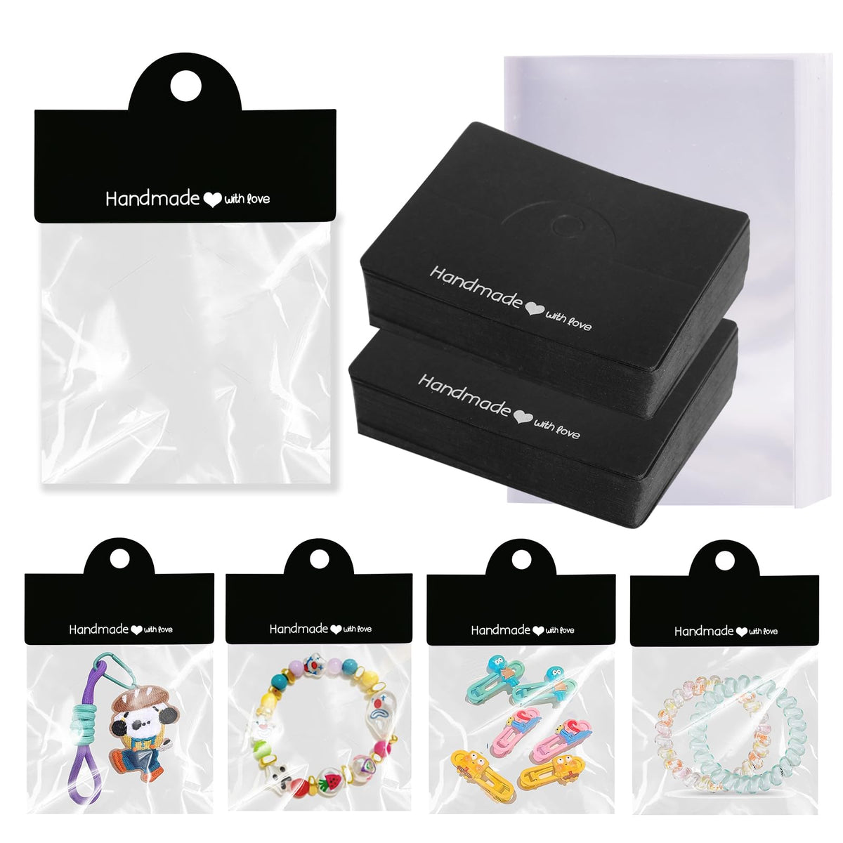100PCS Bracelet Display Cards with 100PCS Jewelry Bags,Thick Clear Packaging Bags for Small Business,Bracelet,Keychain,Charms,Earrings,Car Coaster (Black)