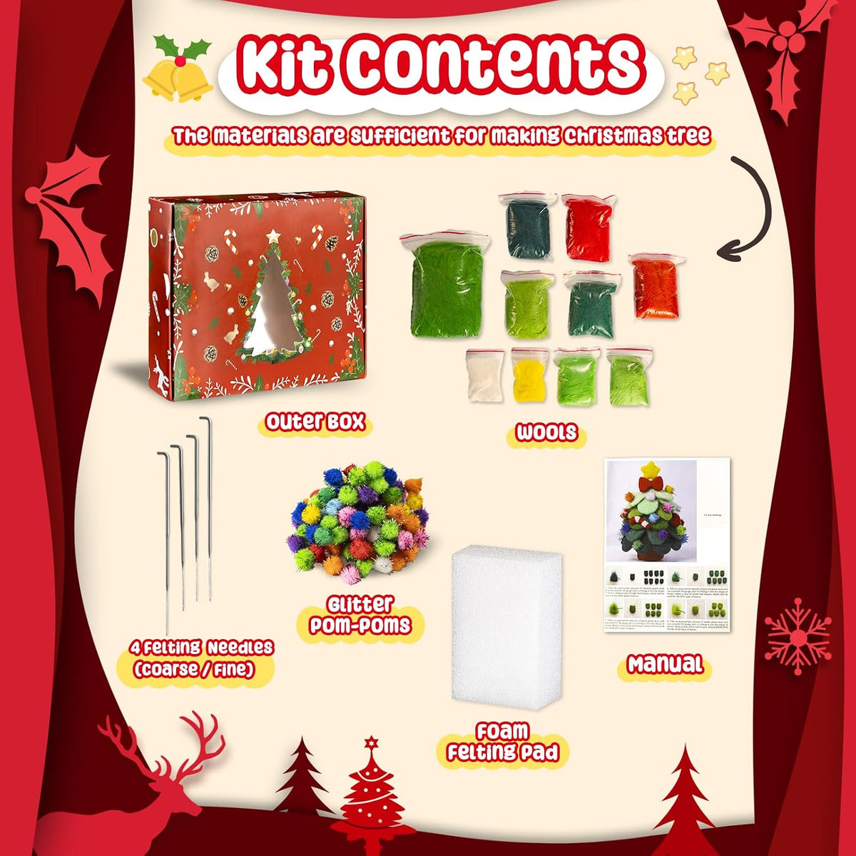 KIDS KING Needle Felting Kit for Handicraft Beginners Teens & Adults – Christmas Tree Felting with Instruction, Material Tools: Wool, Needles, Felting Pad, Home Decorations for Christmas