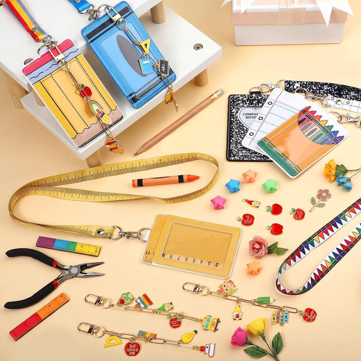 Landhoow 105 Pcs 6 Set Teacher ID Badge Holder with Lanyard and Charms