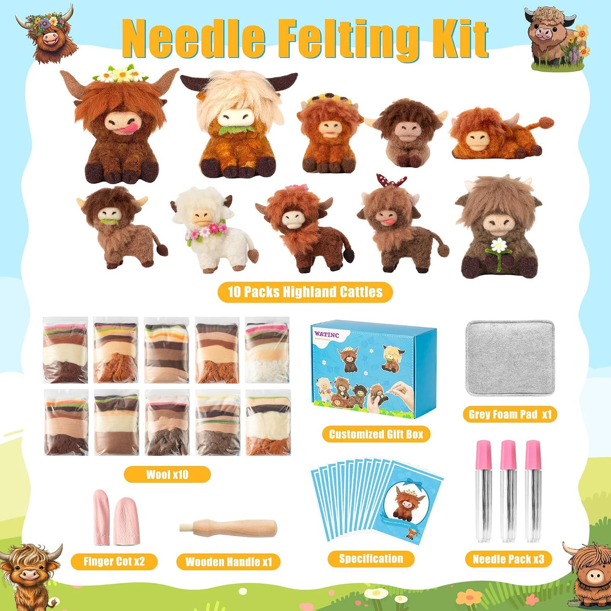 WATINC Highland Cow Needle Felting Kit - Set of 10 Different Highland Cow Doll Wool Felt Needle Felting Tools Foam Pad, DIY Home Decoration Needle Felting Craft Party Supplies for Beginners (30Pcs)