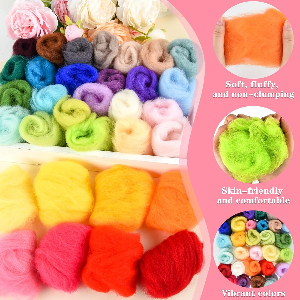 NEBURORA 32 Color Needle Felting Wool Set 3g Per Color for DIY Crafts