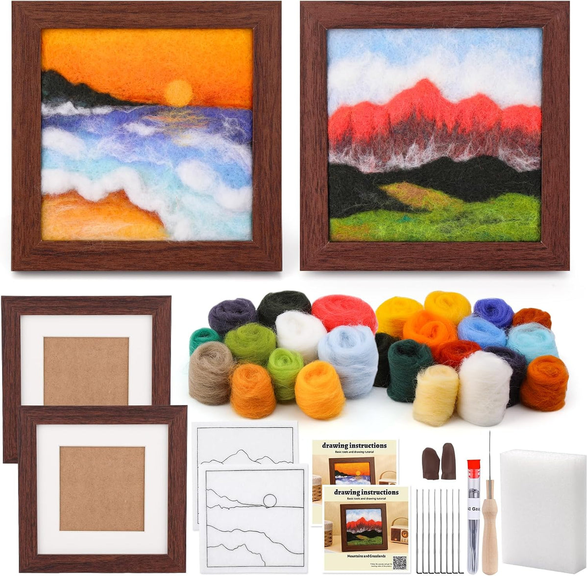 QMNNMA Needle Felting Kits for Beginners, Needle Felt Painting Kit, Wool Felting Kit with Picture Frame, Foam Pad, Felt Cloth, and Instructions, Used for Home Decoration, Art Craft