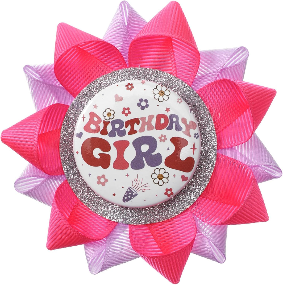 Handmade "BIRTHDAY GIRL" Button Pin 4 Inch Hot Pink and Purple