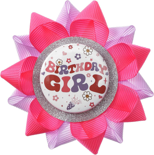 Handmade "BIRTHDAY GIRL" Button Pin 4 Inch Hot Pink and Purple