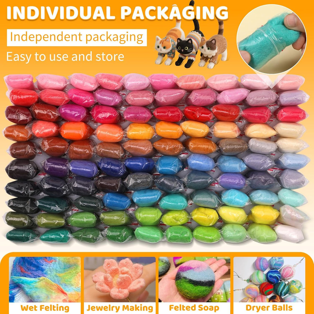 WONVOC 100 Colors Needle Felting Wool, Wool Roving 3g /Color, 10.5 oz Total